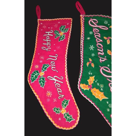 Mcm 1950s Original Set Of 2 Christmas Stockings Seasons Greetings Happy New Year - Picture 3 of 13